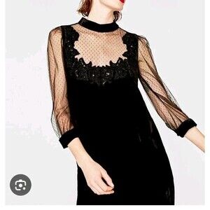 Zara Dress SM  Witchy Sheer Sleeves, SweetHeart Neckline Black Velvet Lace